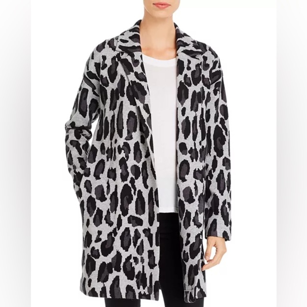 T Tahari Black And Gray Longline Open Front Leopard-Print Sweater Coat NWOT